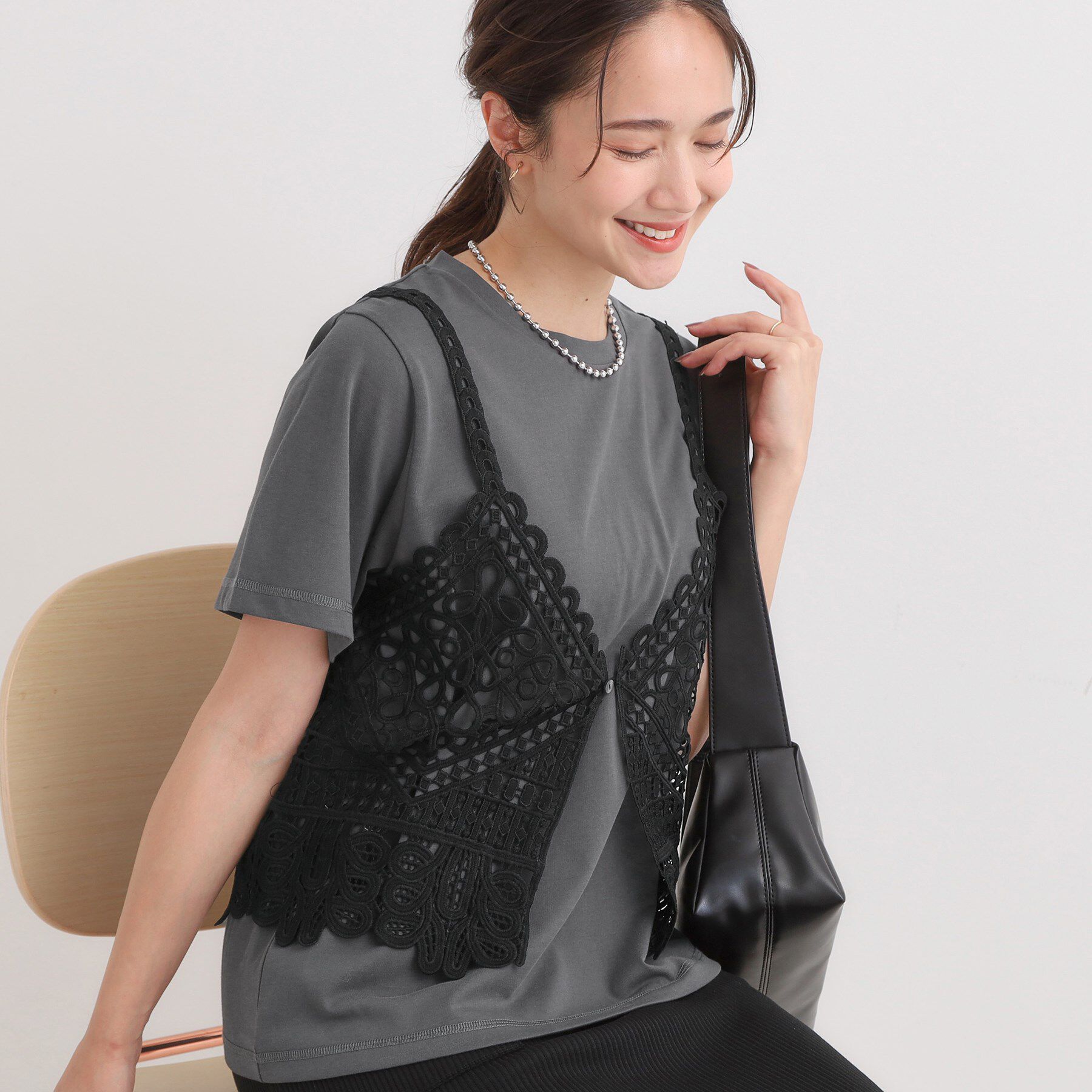 SHOO･LA･RUE「【2点セット/ひんやり】レースビスチェ＋Tシャツ」|その他|ブラック(019)