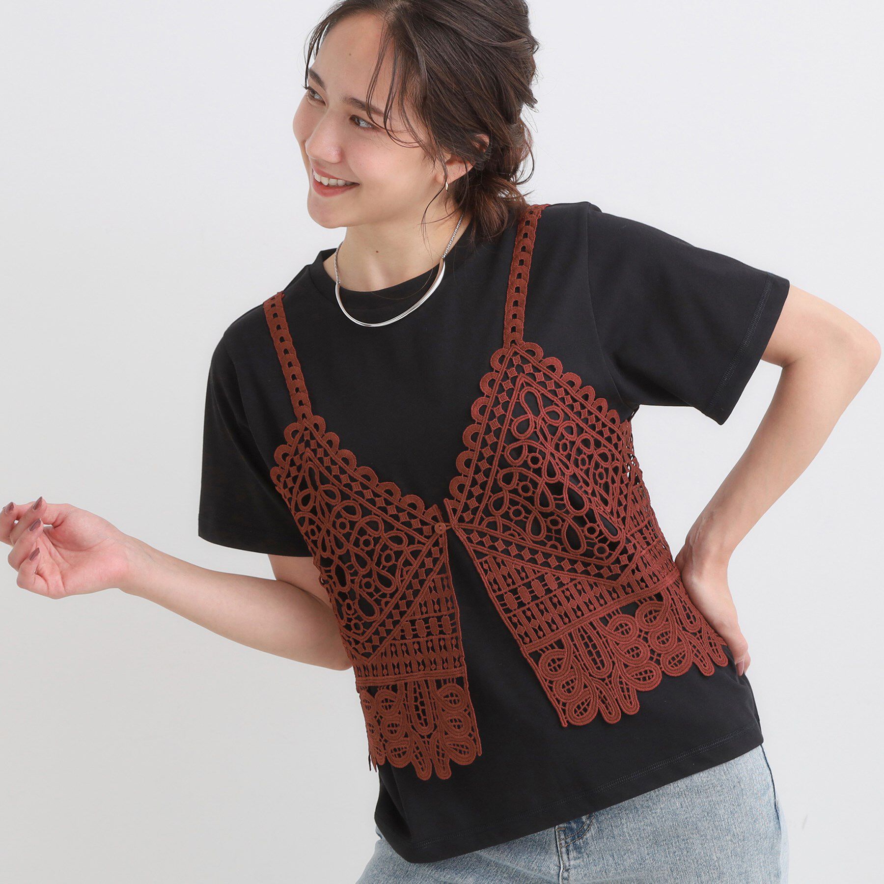 SHOO･LA･RUE「【2点セット/ひんやり】レースビスチェ＋Tシャツ」|その他|ブラウン(043)