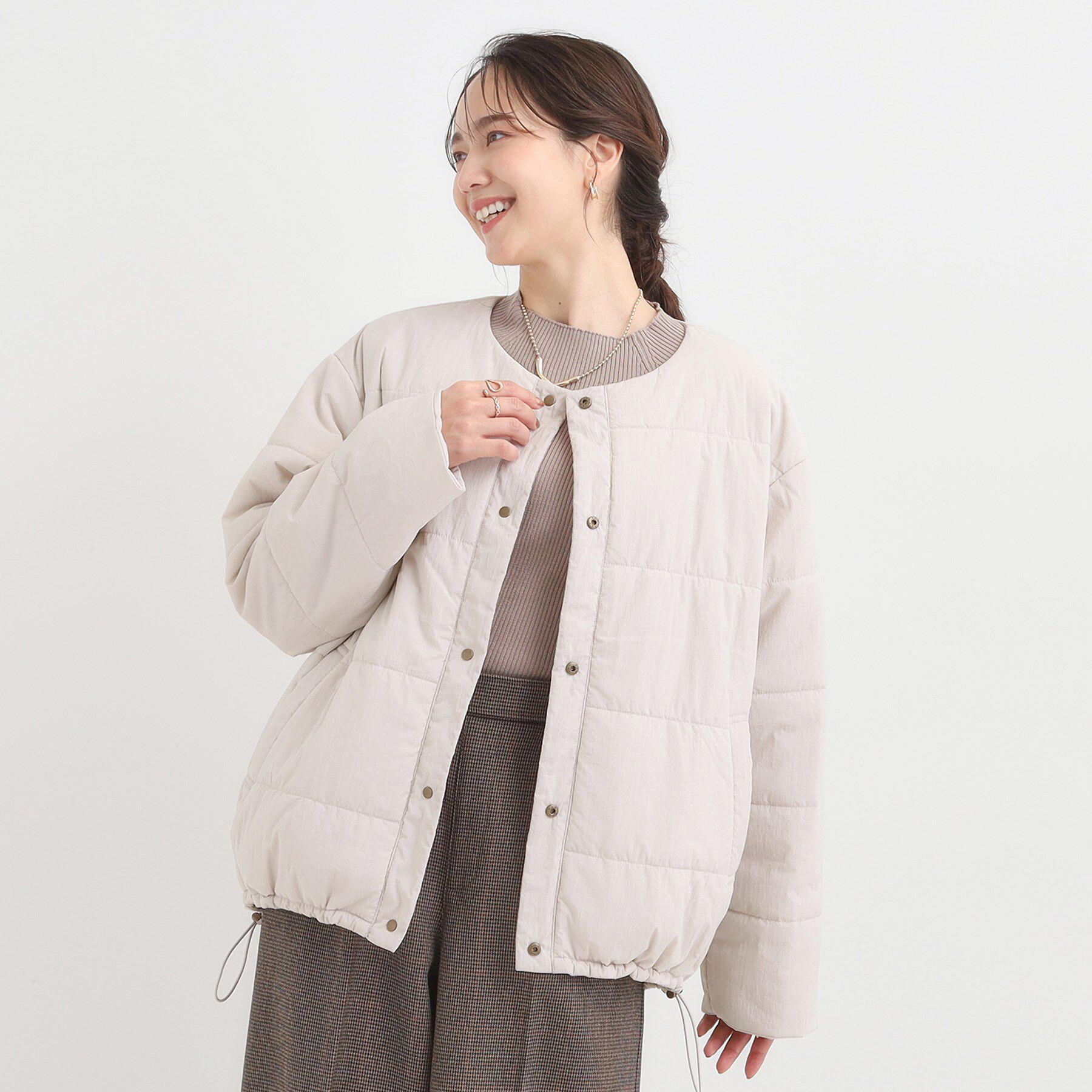 SHOO･LA･RUE「【洗濯機可/撥水/リバーシブル】 ノーカラー中綿ブルゾン」|ブルゾン・スタジャン|