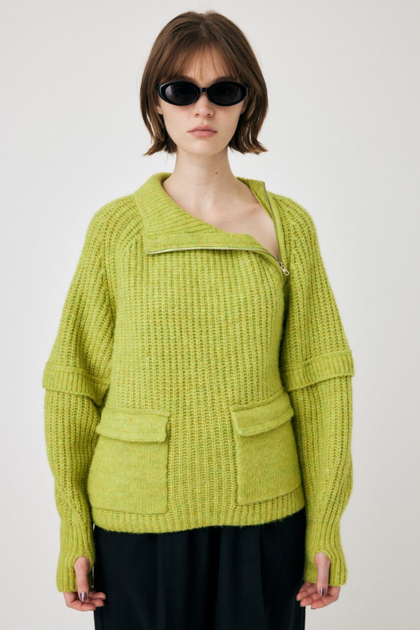 MOUSSY「ASYMMETRIC HALF ZIP プルオーバー」|ニット・セーター|L/GRN1