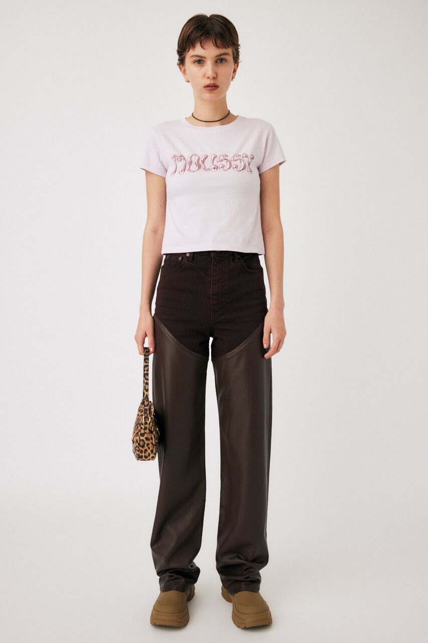 MOUSSY「F/LEATHER COMBI STRAIGHT」|デニム|