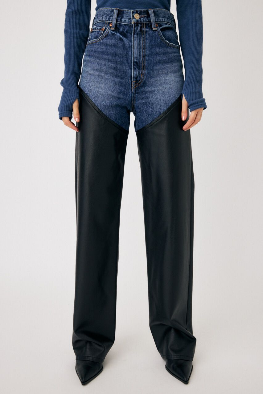MOUSSY「F/LEATHER COMBI STRAIGHT」|デニム|