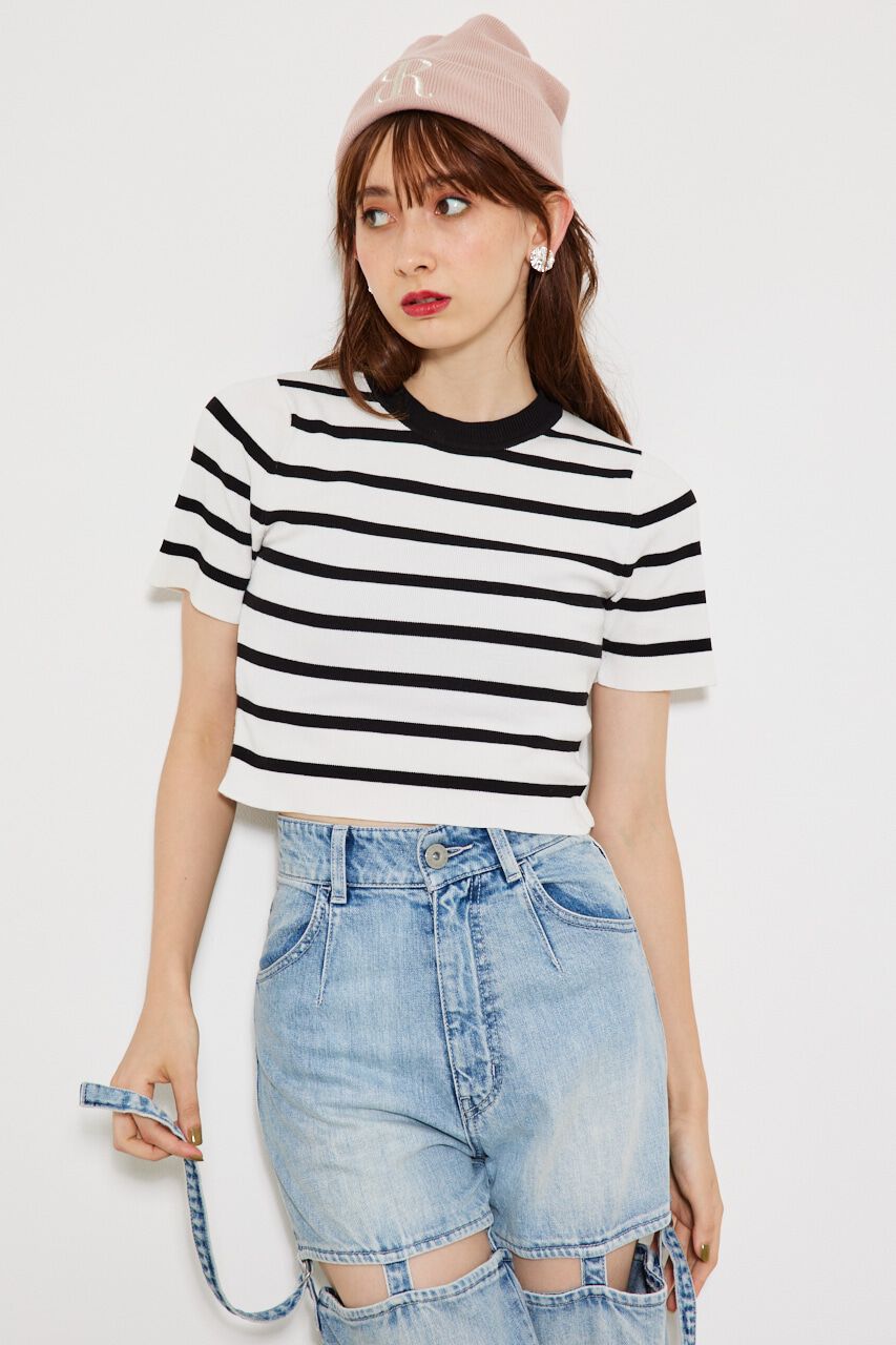 rienda「ボーダーショートknitTOP」|ニット・セーター|