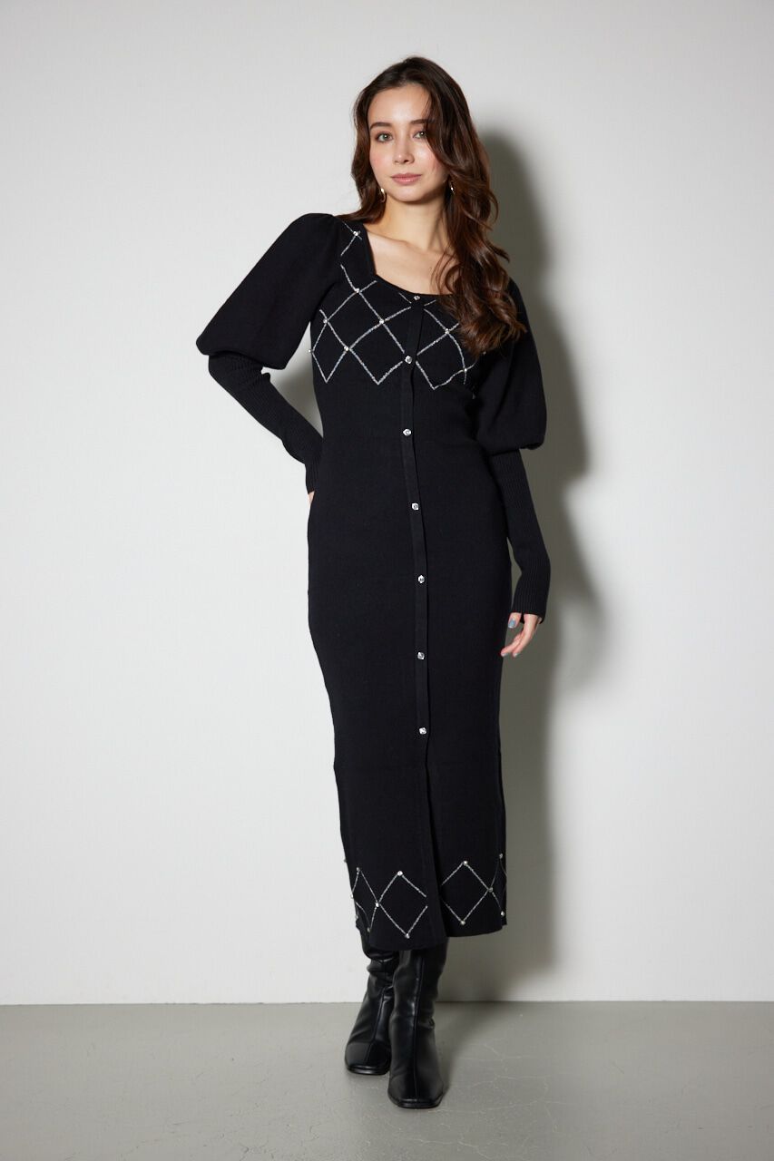 rienda「ビジューチェックタイトニットワンピース」|ワンピース|BLK