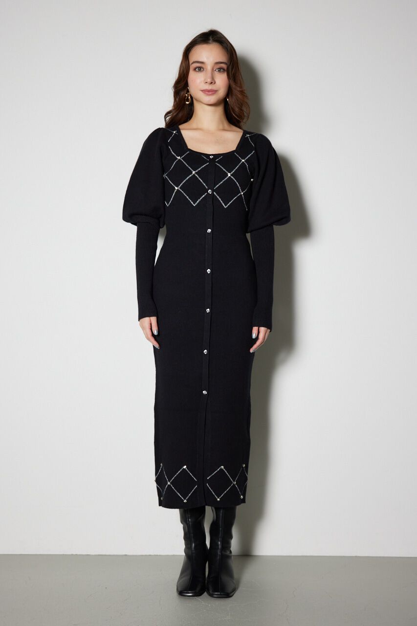 rienda「ビジューチェックタイトニットワンピース」|ワンピース|