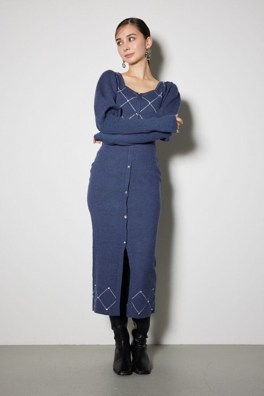 rienda「ビジューチェックタイトニットワンピース」|ワンピース|