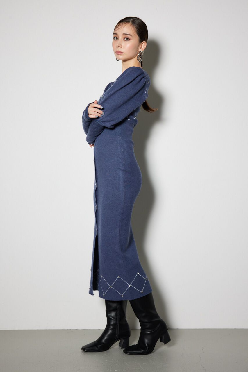 rienda「ビジューチェックタイトニットワンピース」|ワンピース|