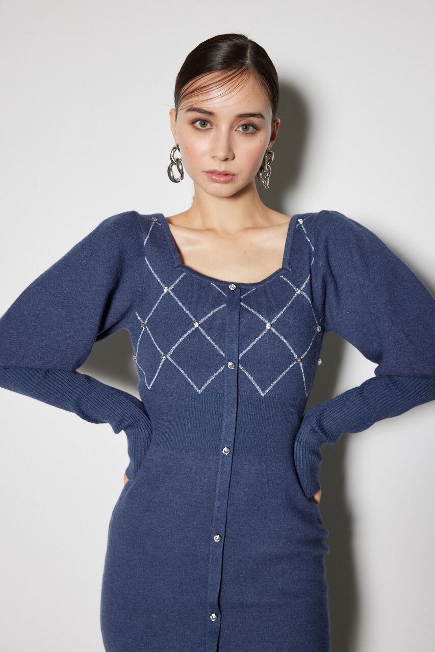 rienda「ビジューチェックタイトニットワンピース」|ワンピース|