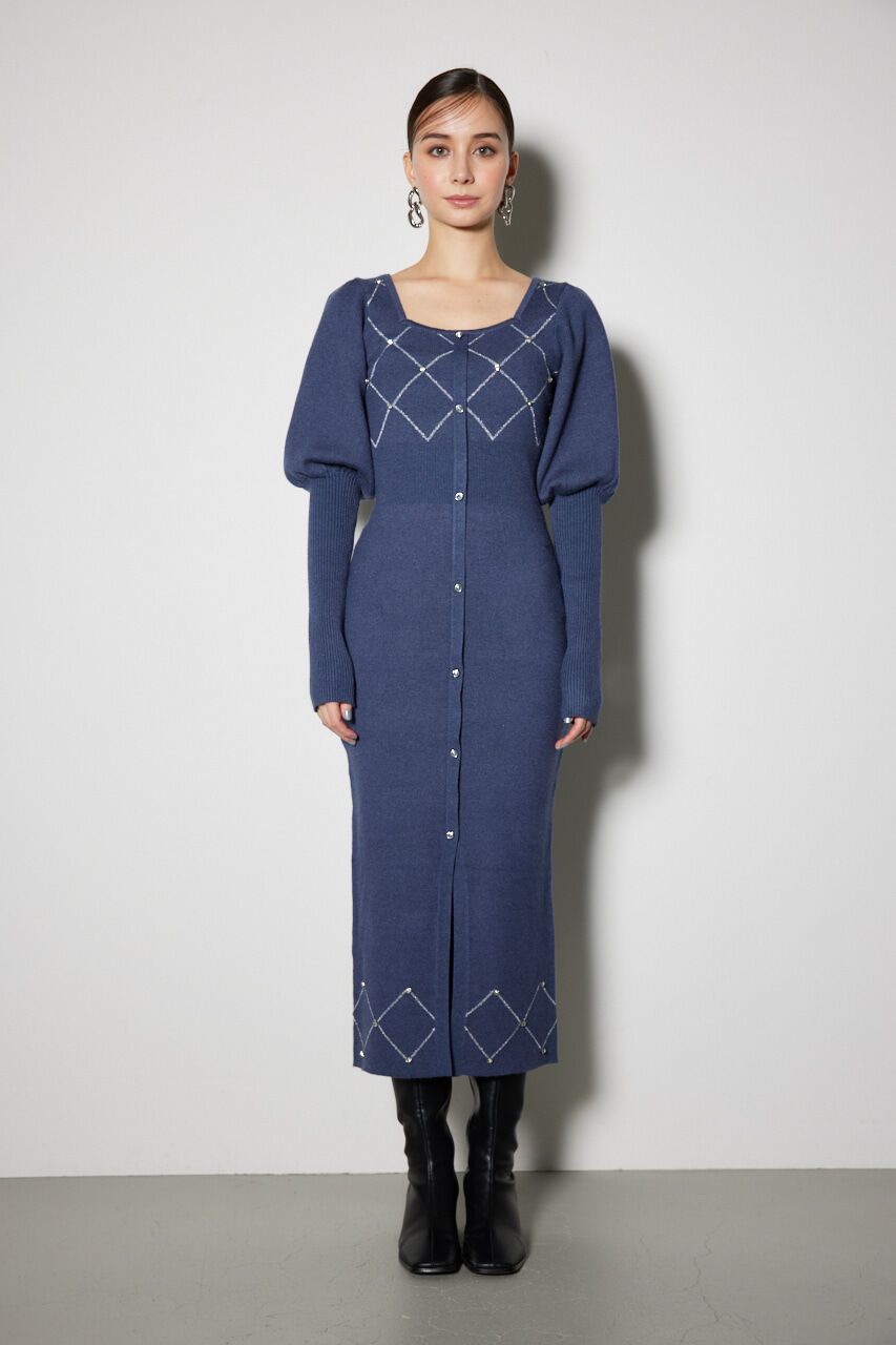 rienda「ビジューチェックタイトニットワンピース」|ワンピース|