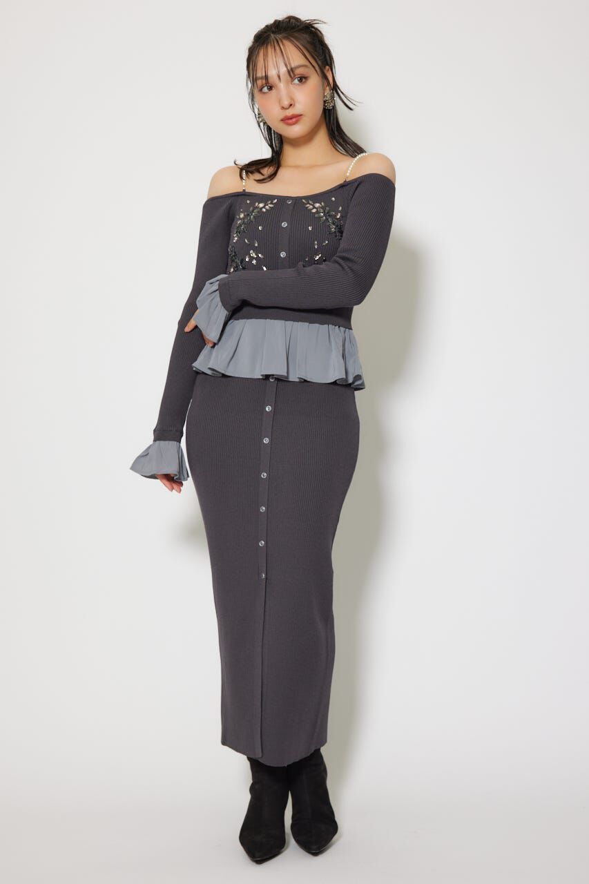 rienda「2WAYビジューフラワーオフショルタイトニットワンピース」|ワンピース|L/BLK1