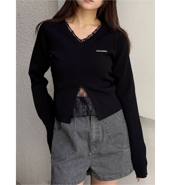 MURUA「レースレイヤードVネックニット」|ニット・セーター|ブラック