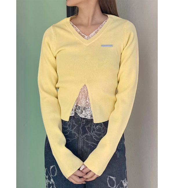 MURUA「レースレイヤードVネックニット」|ニット・セーター|イエロー
