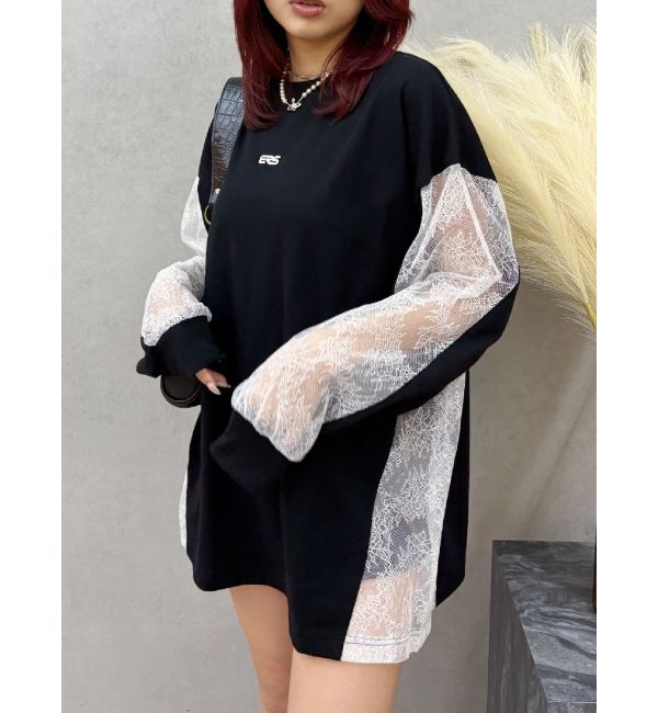 EVRIS「レースコンビBIGロンT」|Tシャツ・カットソー|ブラック