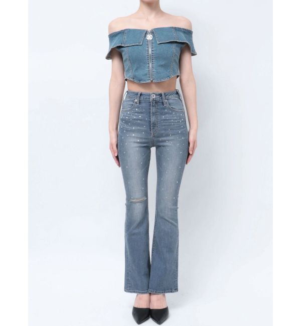 GYDA「【せいせいコラボ】ハイウエストストーンフレアパンツ」|デニム|