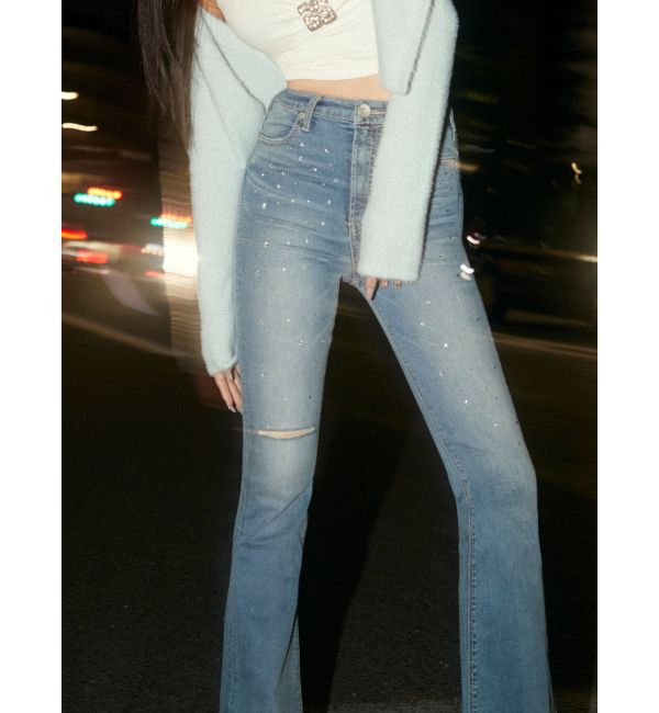 GYDA「【せいせいコラボ】ハイウエストストーンフレアパンツ」|デニム|