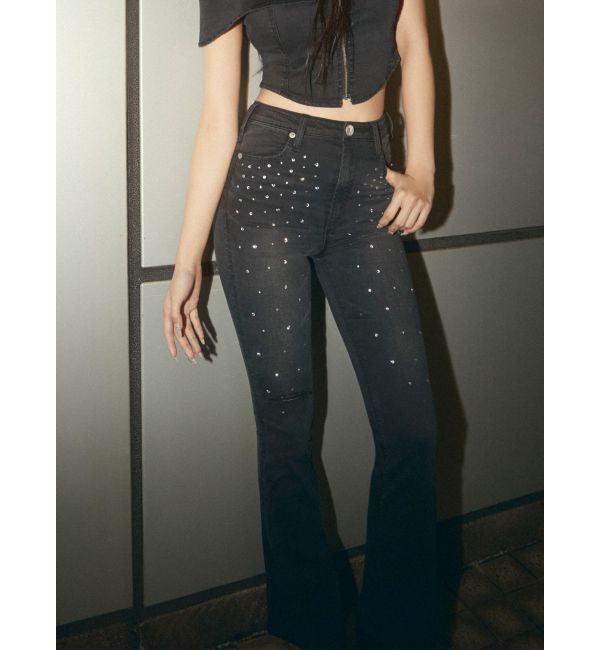 GYDA「【せいせいコラボ】ハイウエストストーンフレアパンツ」|デニム|