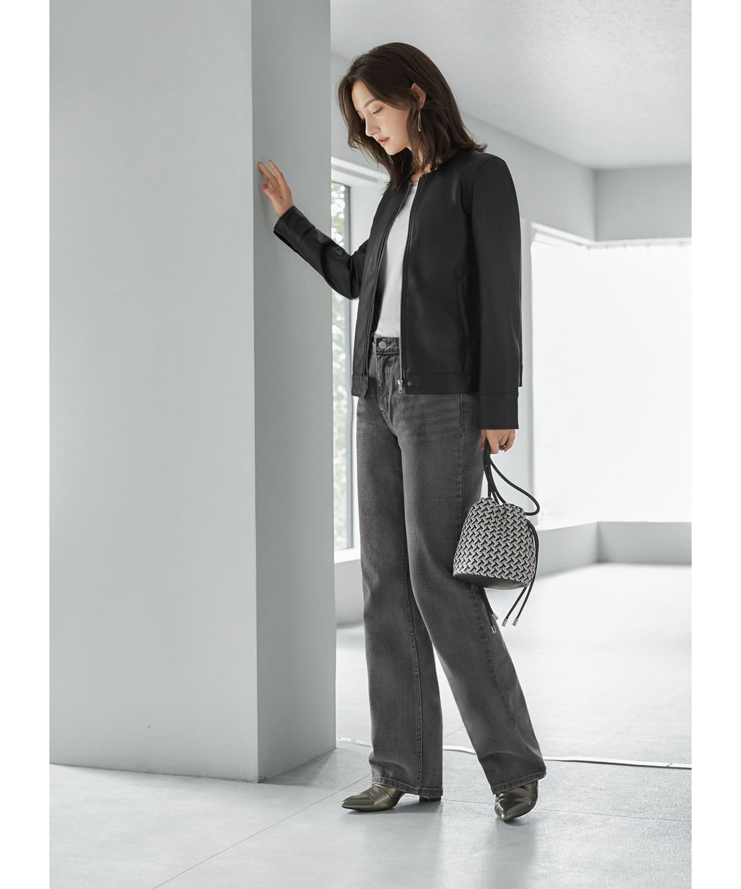 STYLE DELI「フェイクレザーノーカラーブルゾン」|ノーカラージャケット|