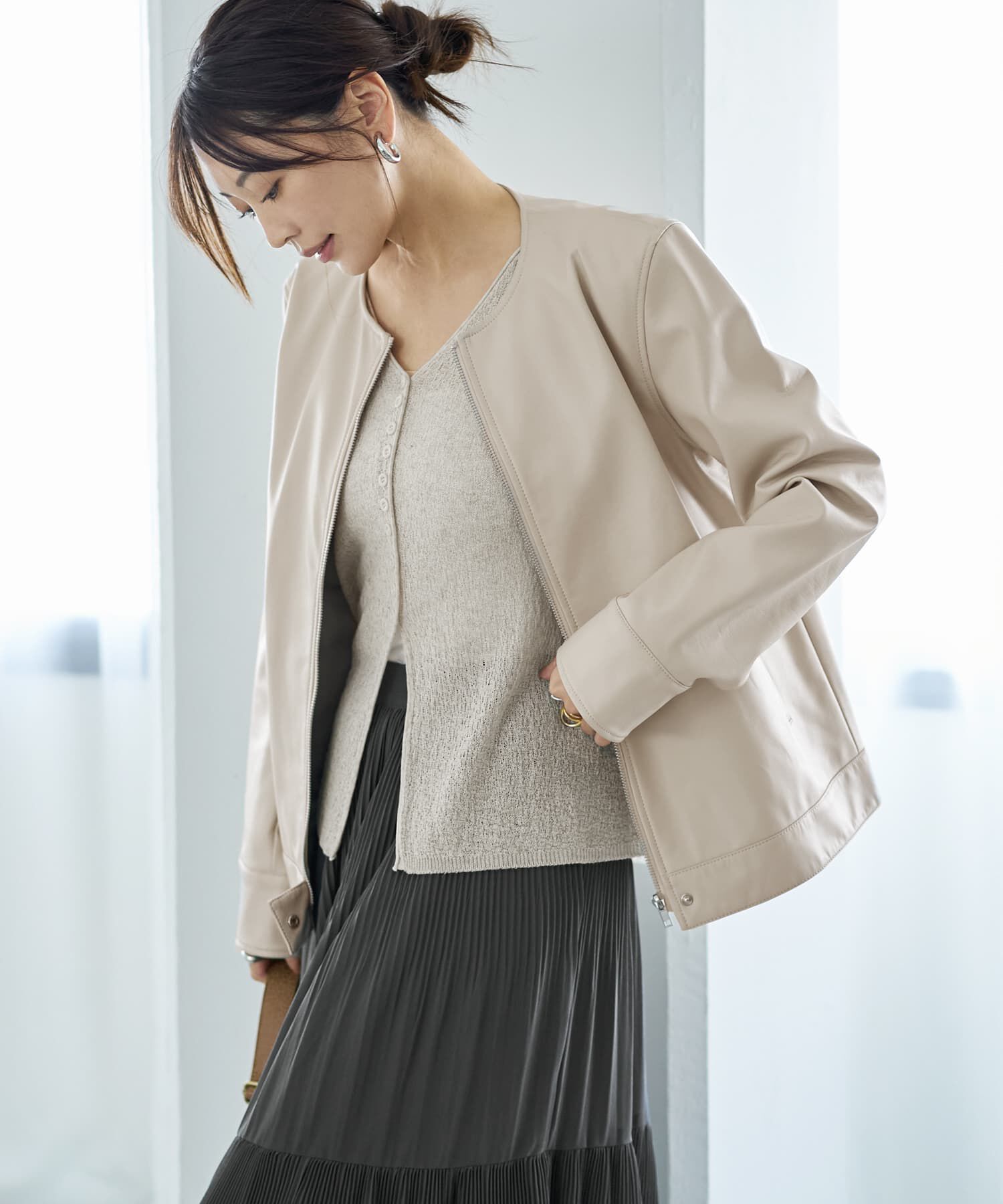 STYLE DELI「フェイクレザーノーカラーブルゾン」|ノーカラージャケット|