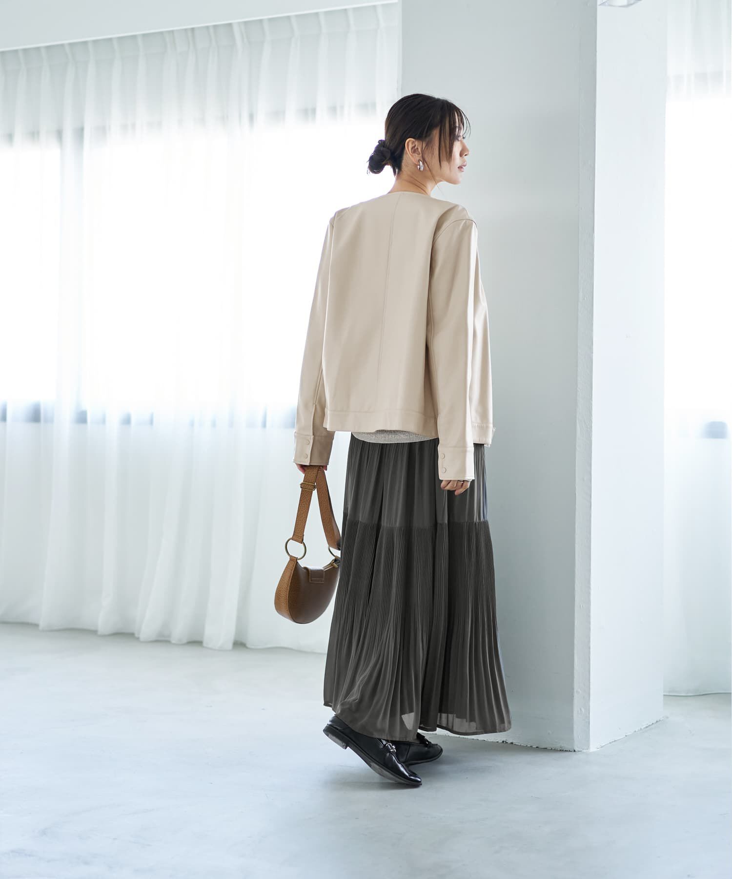 STYLE DELI「フェイクレザーノーカラーブルゾン」|ノーカラージャケット|