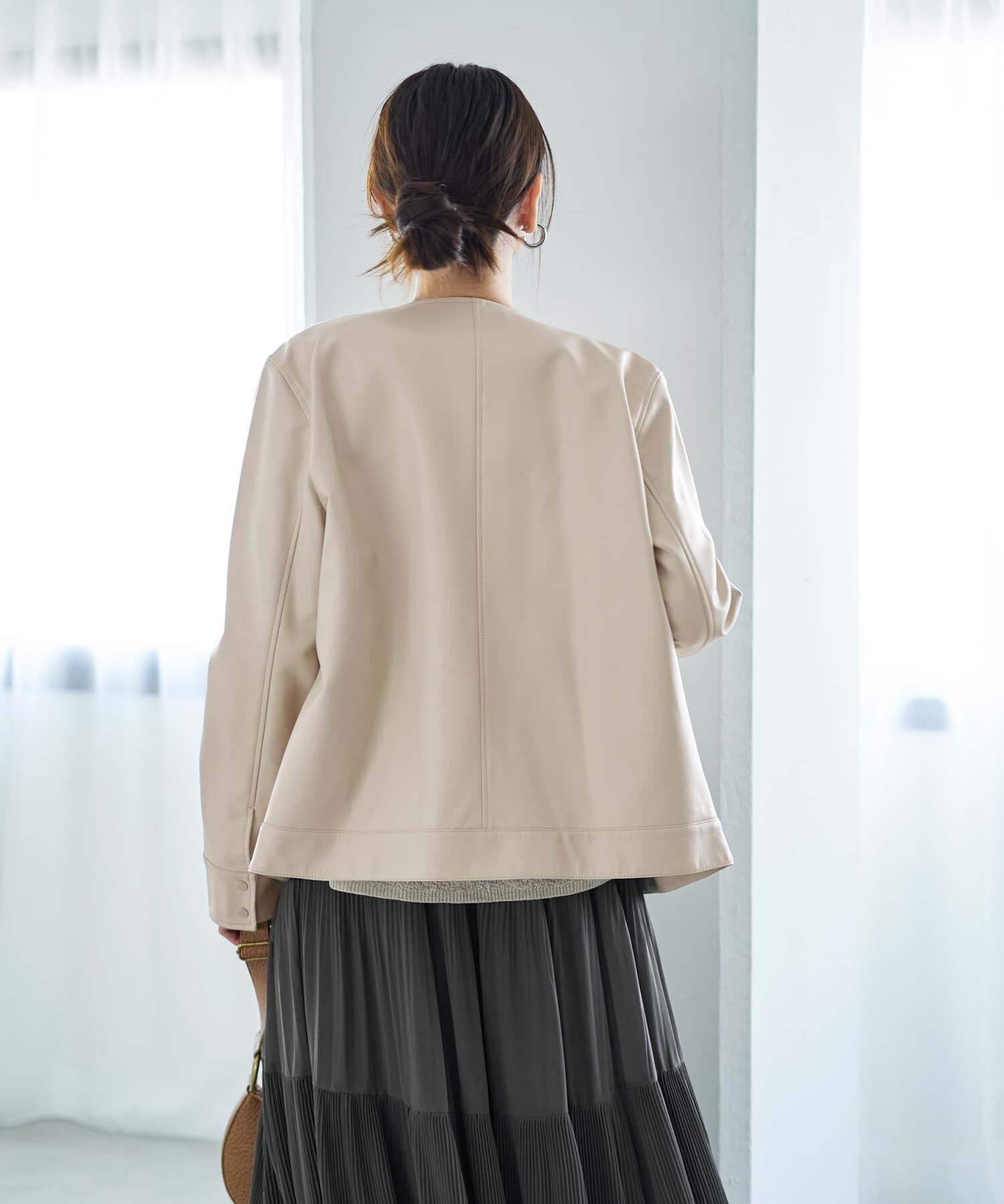 STYLE DELI「フェイクレザーノーカラーブルゾン」|ノーカラージャケット|