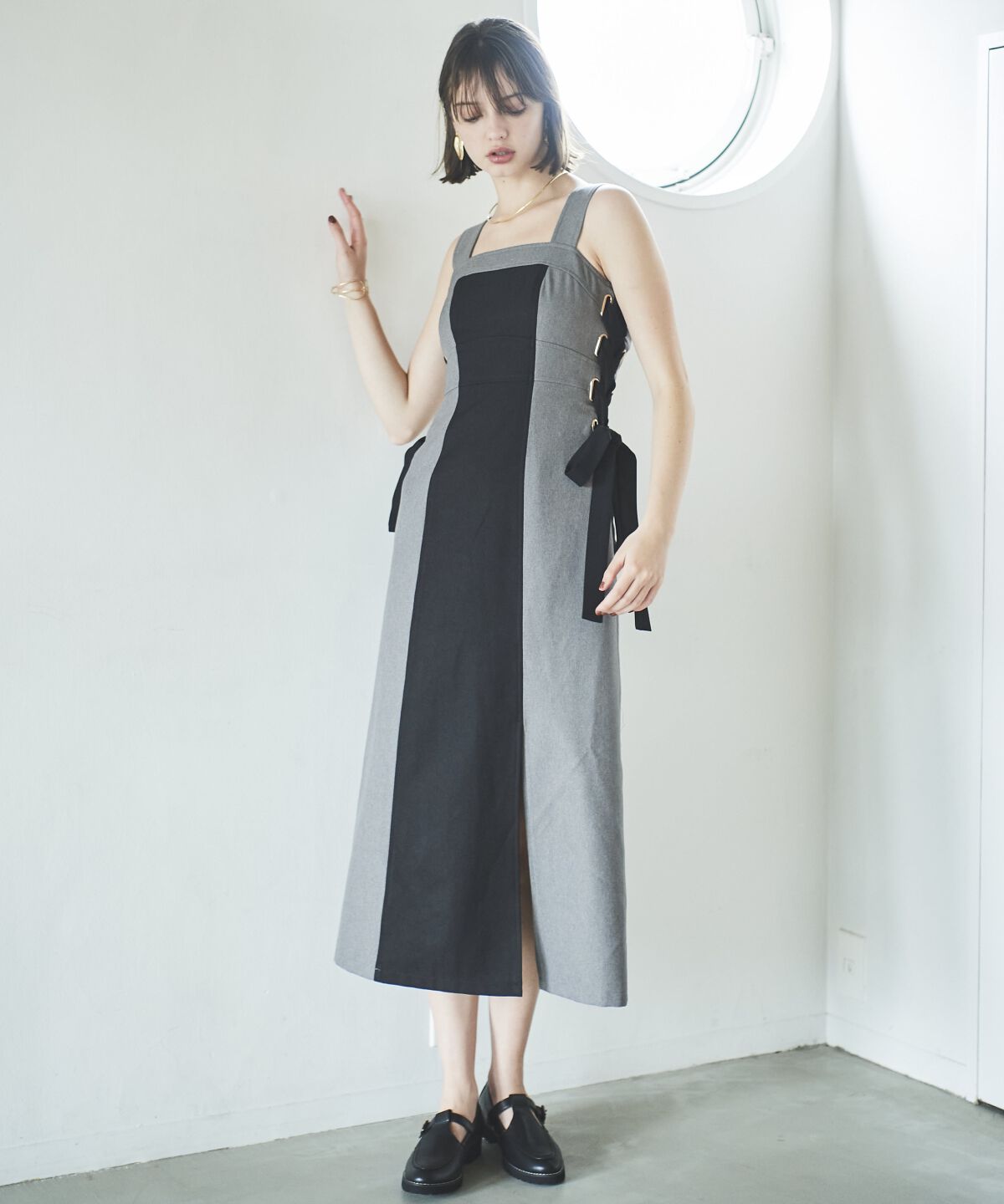 アンドクチュール「サイドリボン配色ジャンスカ」|ジャンパースカート|