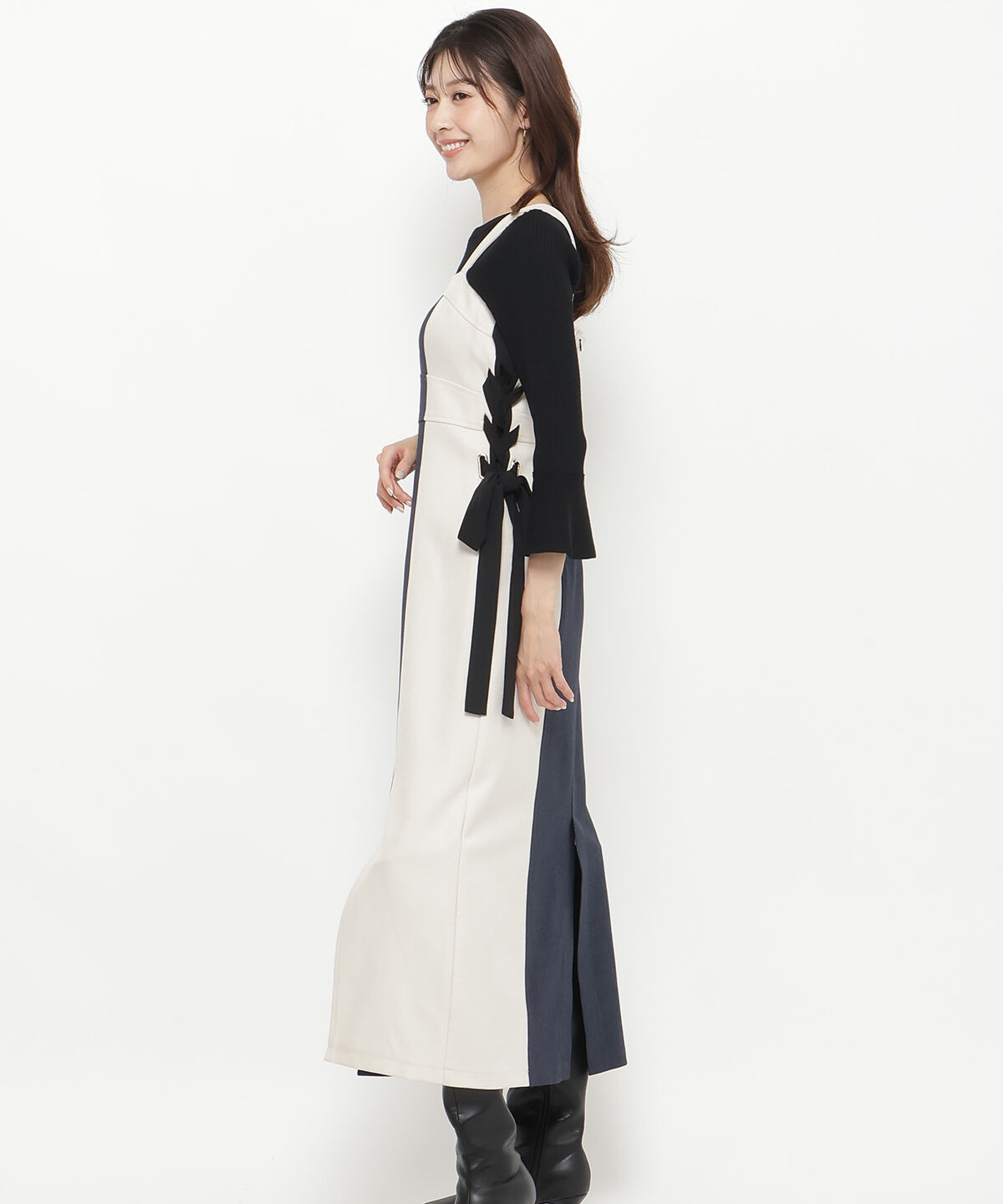 アンドクチュール「サイドリボン配色ジャンスカ」|ジャンパースカート|