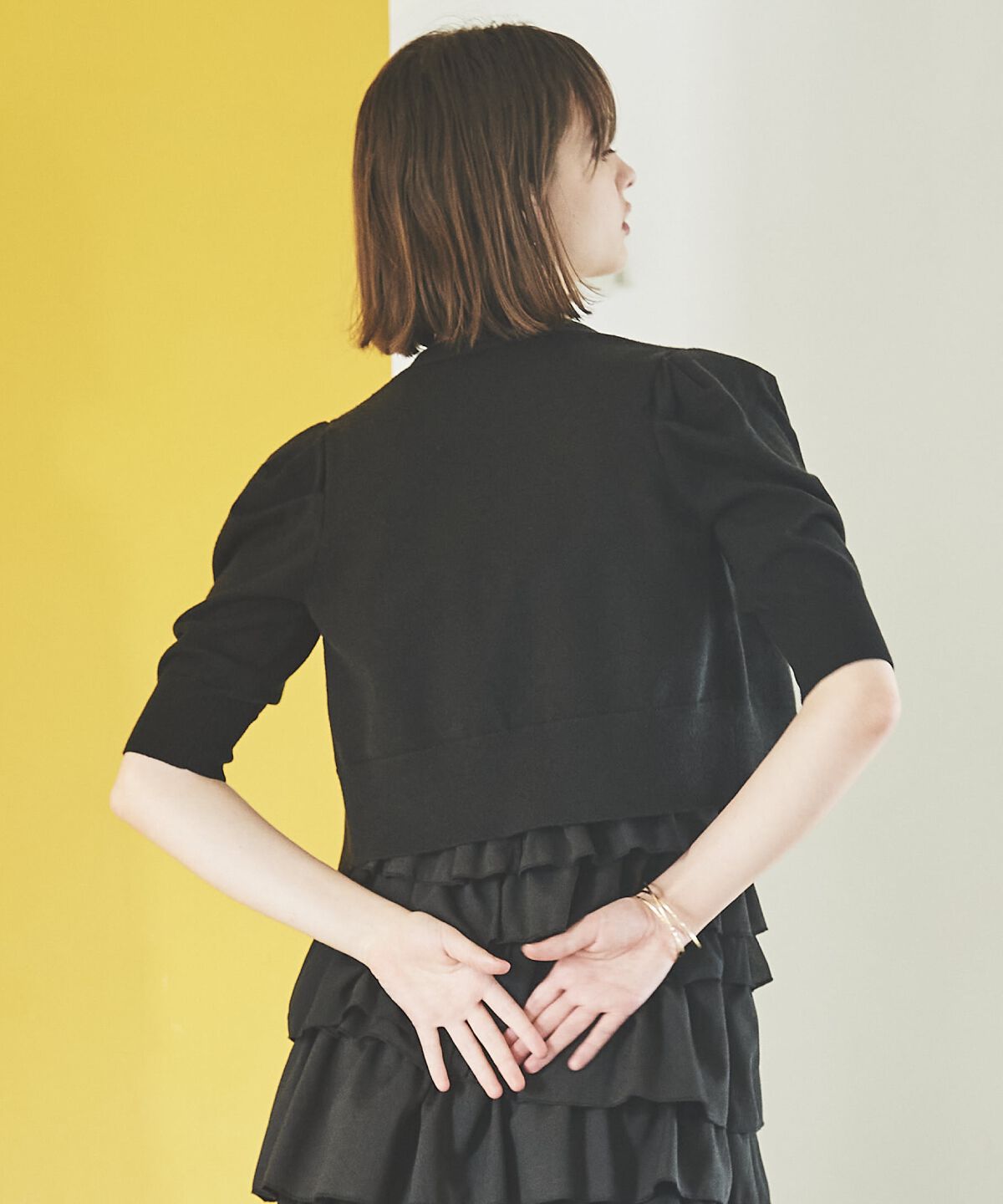 アンドクチュール「袖ギャザーVネックカーデプルオーバー」|ニット・セーター|