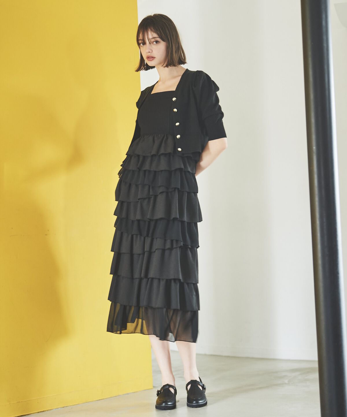 アンドクチュール「袖ギャザーVネックカーデプルオーバー」|ニット・セーター|