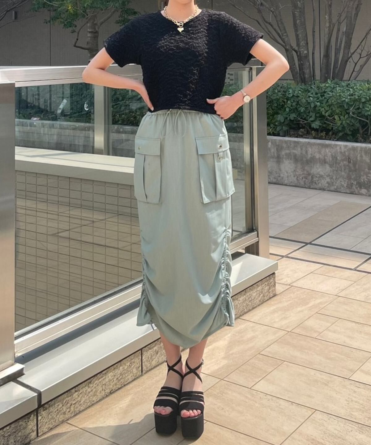 REDYAZEL「ミリタリーポケットデザインドロストマキシスカート」|タイト|