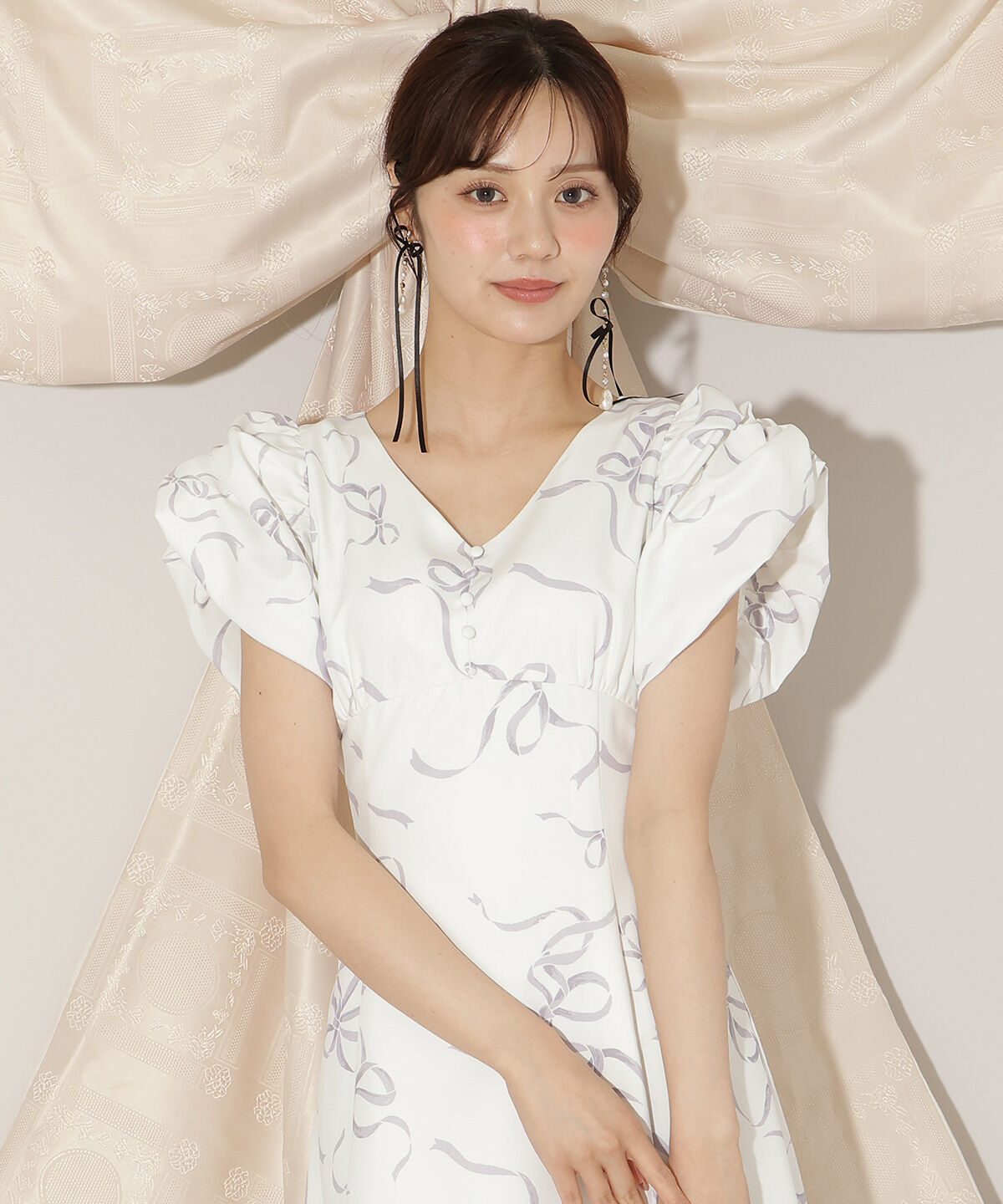 WILLSELECTION「リボンプリントバブルスリーブフレアワンピース」|ワンピース|