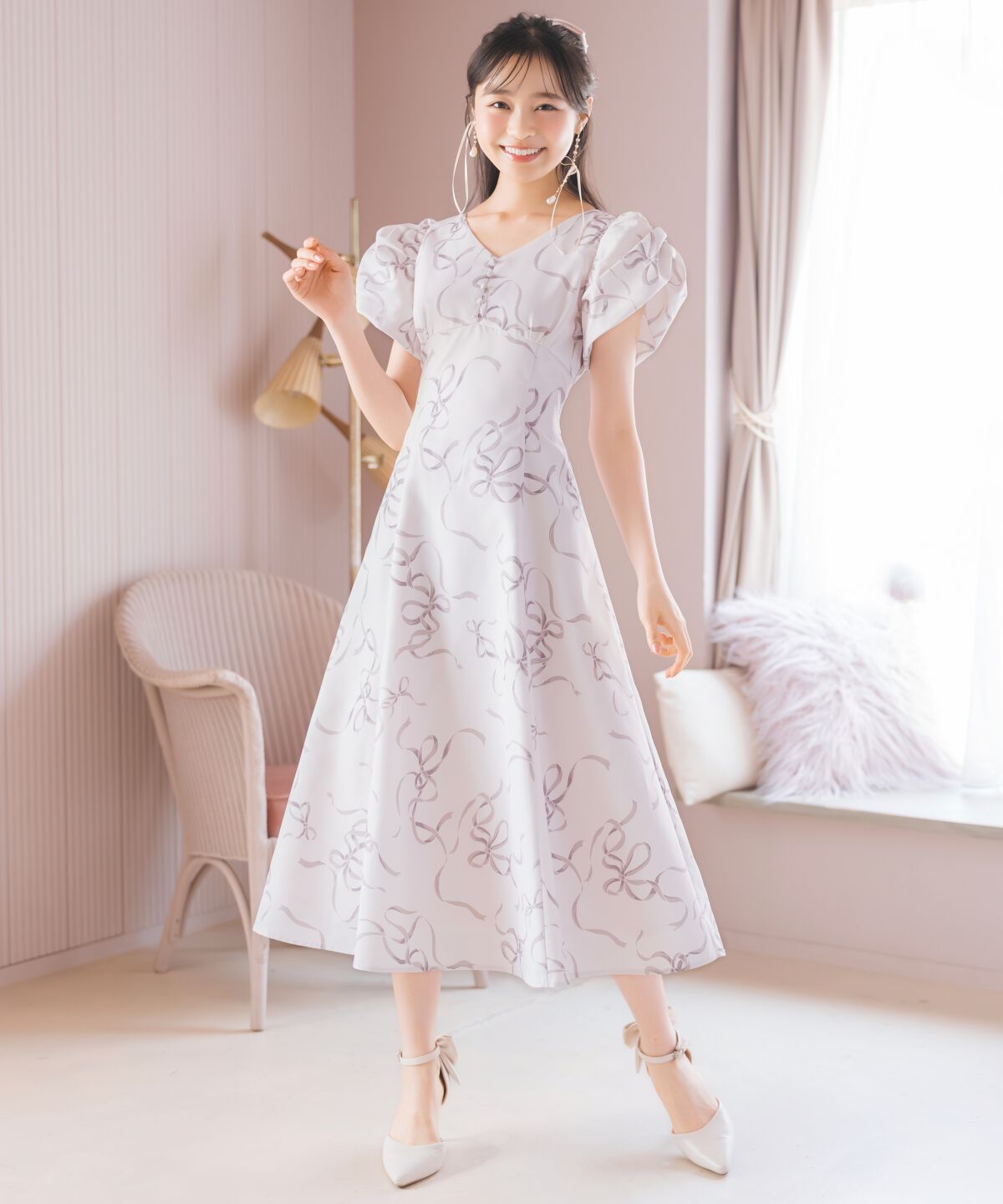 WILLSELECTION「リボンプリントバブルスリーブフレアワンピース」|ワンピース|