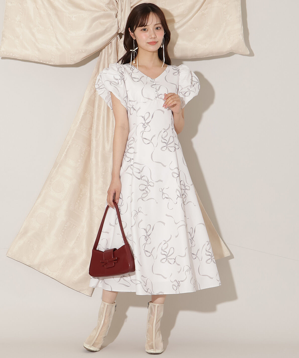 WILLSELECTION「リボンプリントバブルスリーブフレアワンピース」|ワンピース|