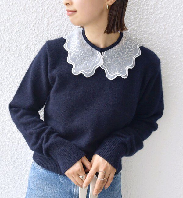 SHIPS for women「【WEB限定】〈手洗い可能〉布帛 襟付き ニット プルオーバー」|ニット・セーター|ネイビー
