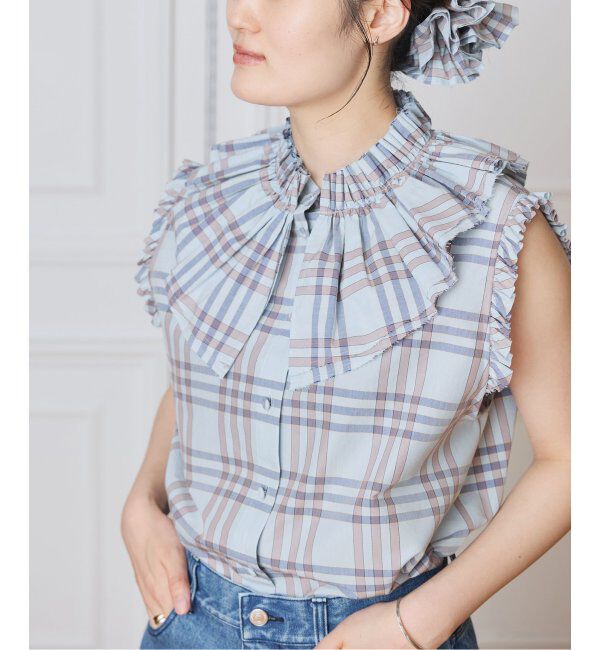 IENA LA BOUCLE「IENA LA BOUCLE C/Pポプリンフリルカラーシャツ」|シャツ・ブラウス|ブルー