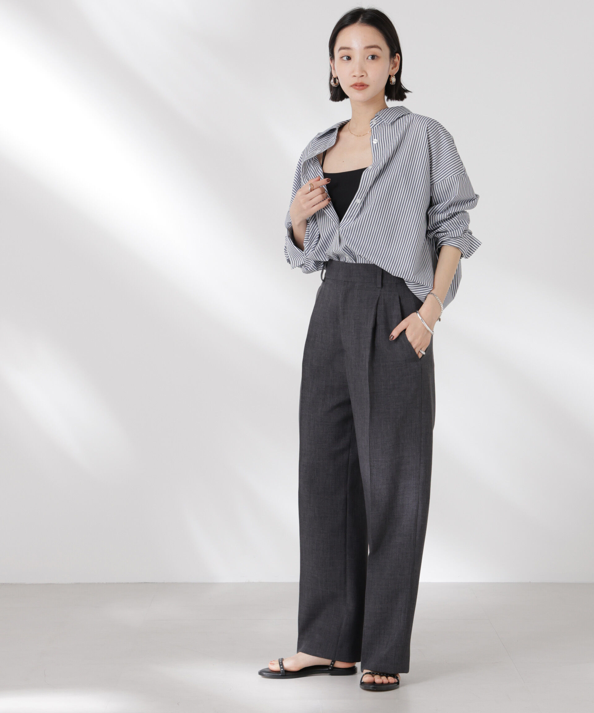 nano･universe「リネンライクセンタープレスタックパンツ(セットアップ可)」|チノ|