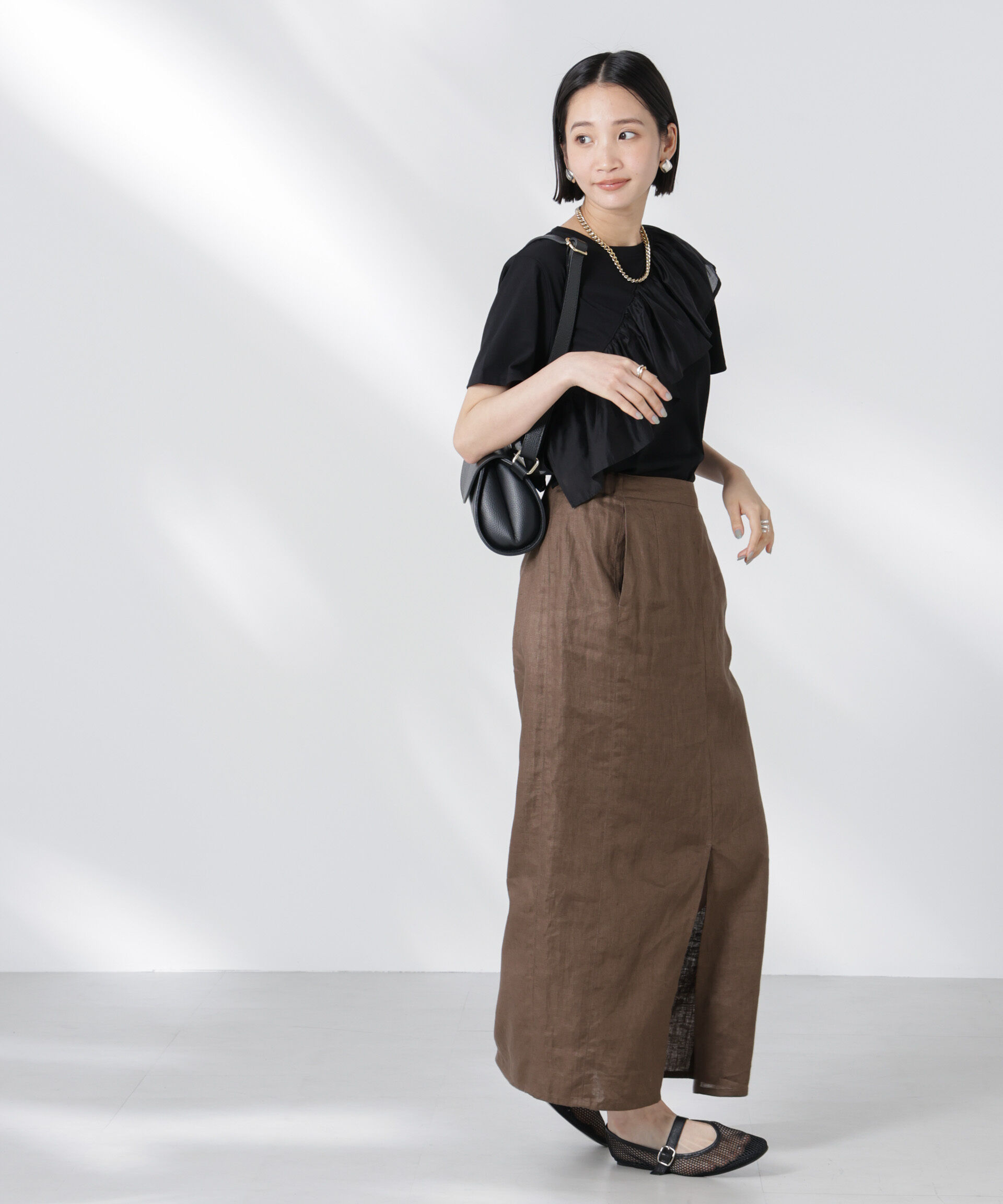 nano･universe「アシンメトリーフリル異素材コンビTシャツ」|Tシャツ・カットソー|