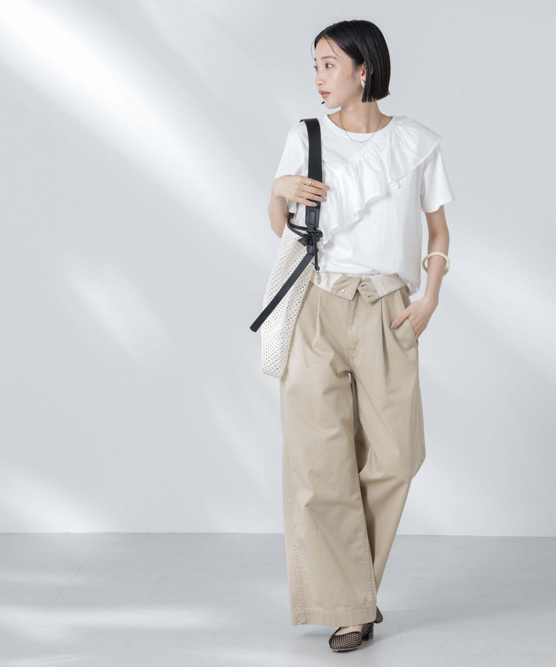 nano･universe「アシンメトリーフリル異素材コンビTシャツ」|Tシャツ・カットソー|