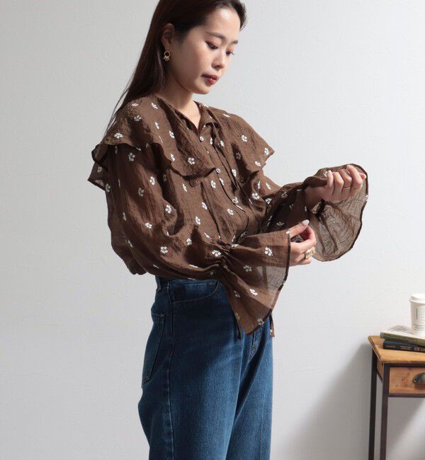 fredy emue「シアー楊柳刺繍ケープブラウス」|シャツ・ブラウス|ブラウン系その他