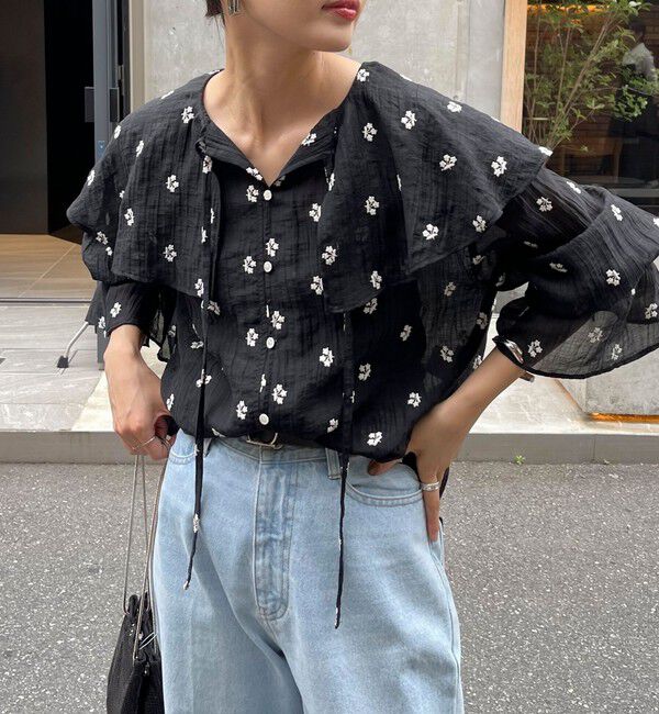 fredy emue「シアー楊柳刺繍ケープブラウス」|シャツ・ブラウス|ブラック系その他