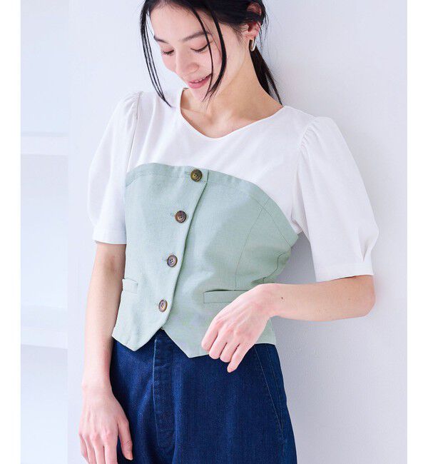 VIS「【新色追加】【美easy】釦ビスチェTシャツドッキングプルオーバー【接触冷感/洗える】」|Tシャツ・カットソー|ライトグリン(33)