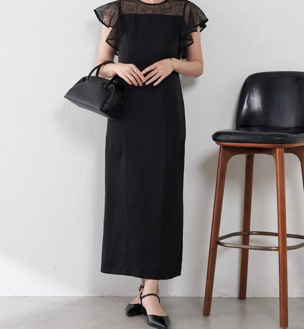  「刺繍レースマットサテンワンピース」|ワンピース|ブラック