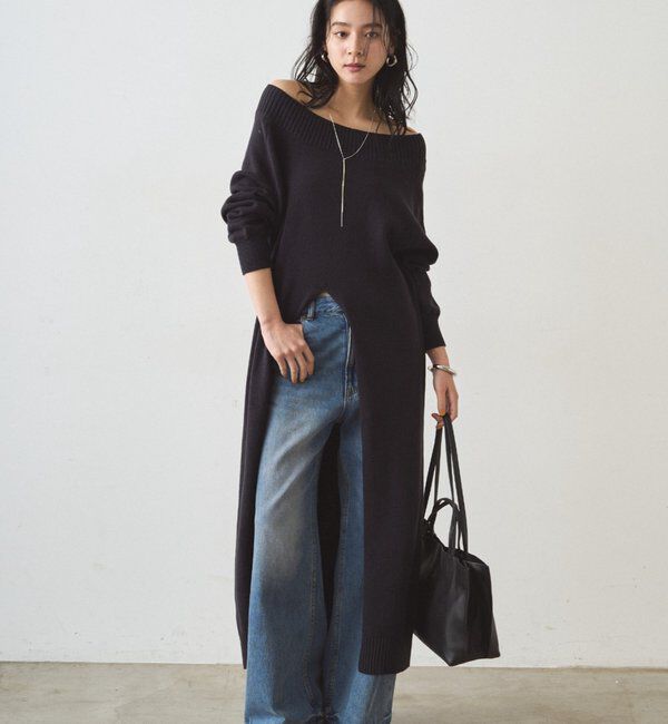  「ハイスリットニットワンピース」|ワンピース|ネイビー