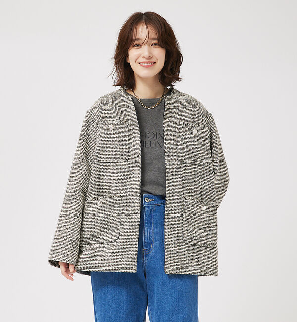 abahouse mavie「ツィードオーバージャケット」|ノーカラージャケット|