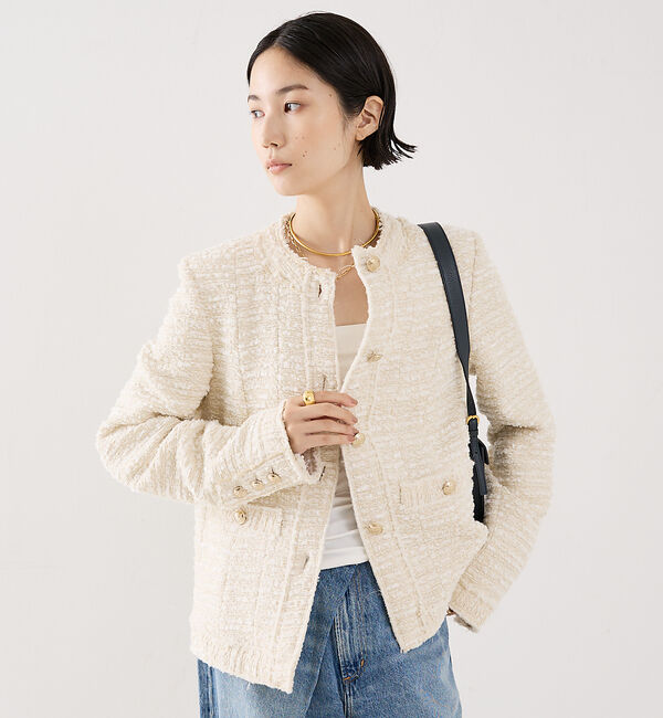 The Store by C' 「【COCUCA】クルーネックツイードジャケット」|ノーカラージャケット|ホワイト