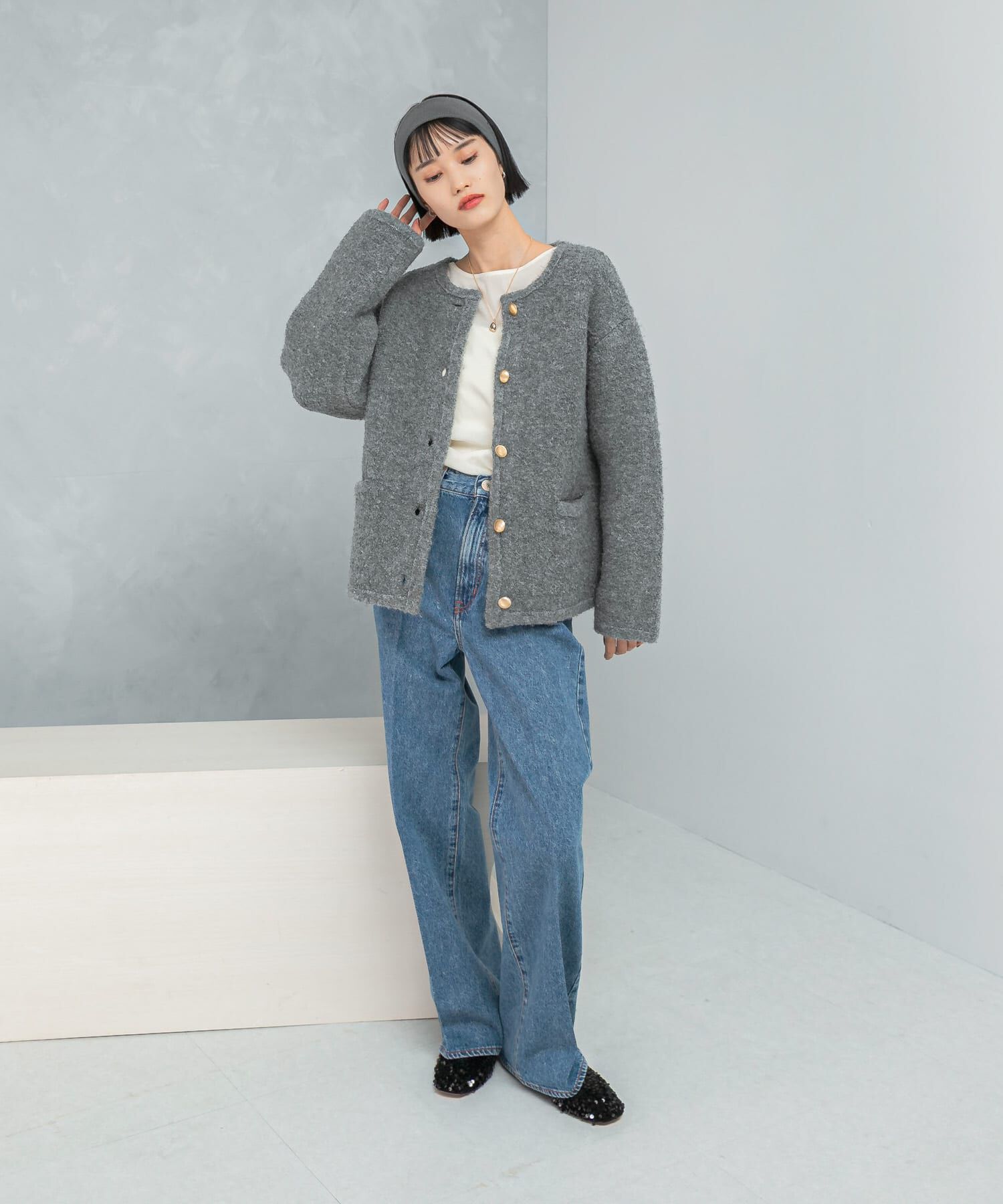 URBAN RESEARCH ROSSO「『WEB/一部店舗限定』ウール混ブークレニットジャケット」|ノーカラーコート|