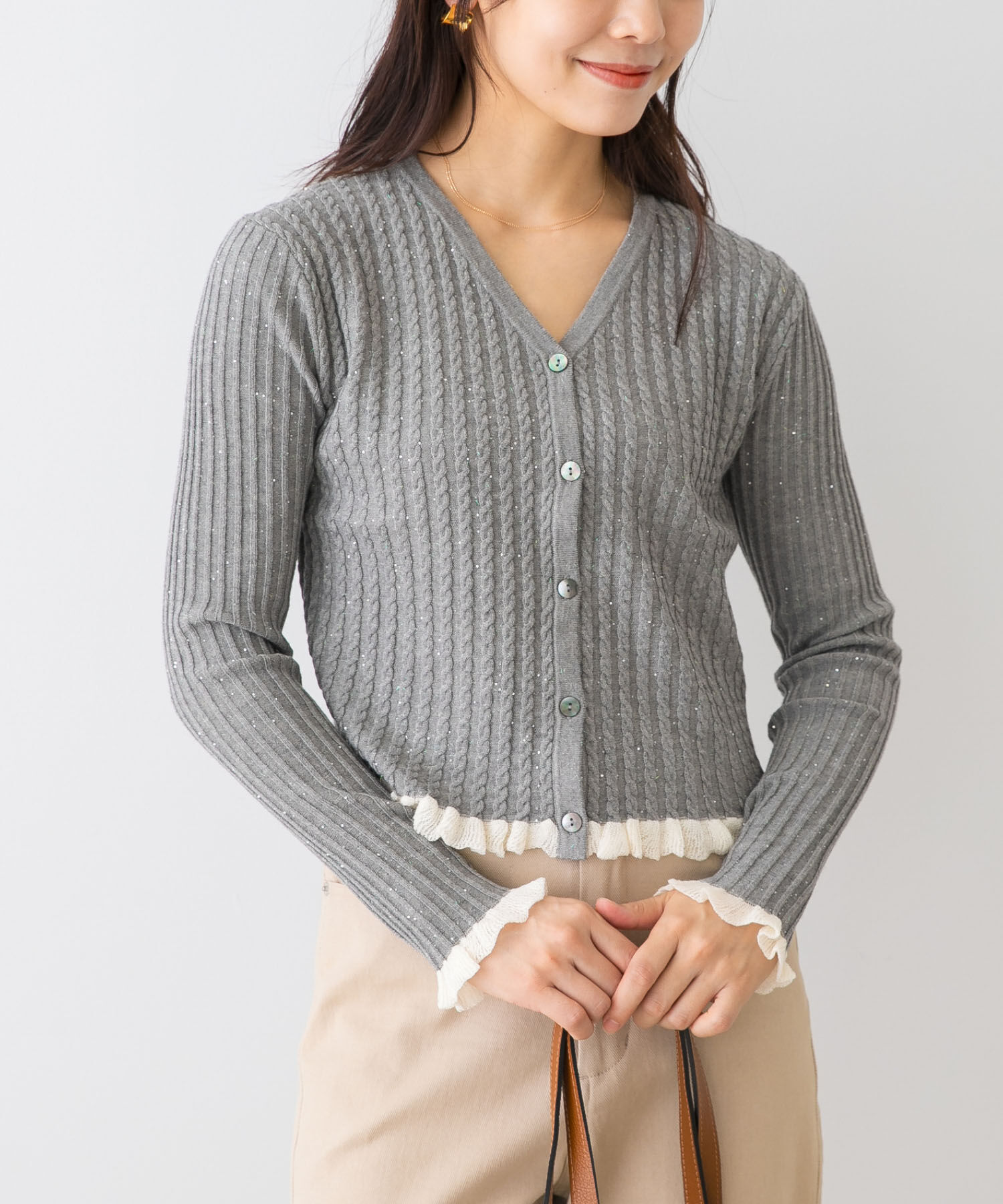 URBAN RESEARCH ROSSO「F by ROSSO　スパンコールフリルリブカーディガン」|カーディガン|