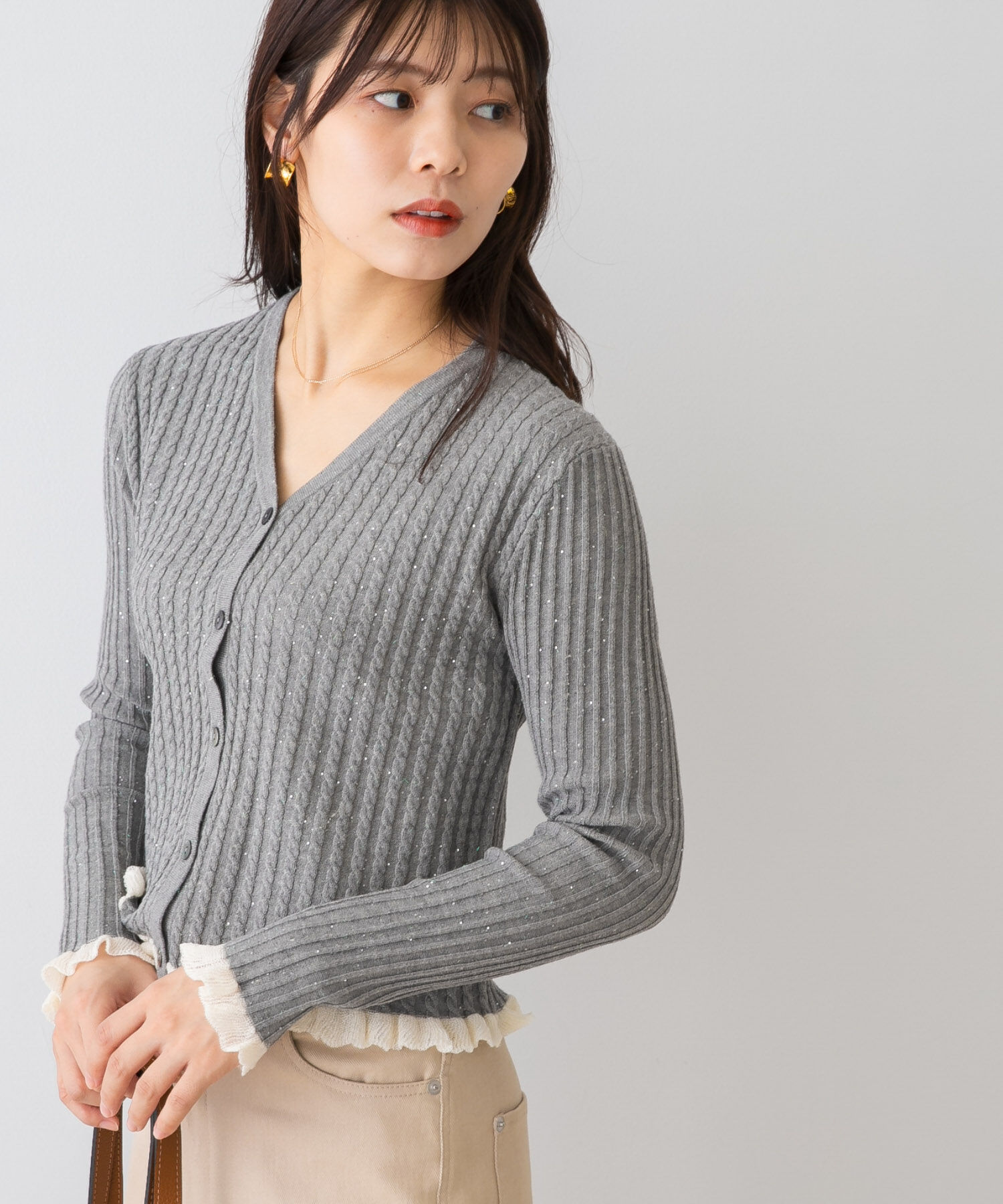 URBAN RESEARCH ROSSO「F by ROSSO　スパンコールフリルリブカーディガン」|カーディガン|