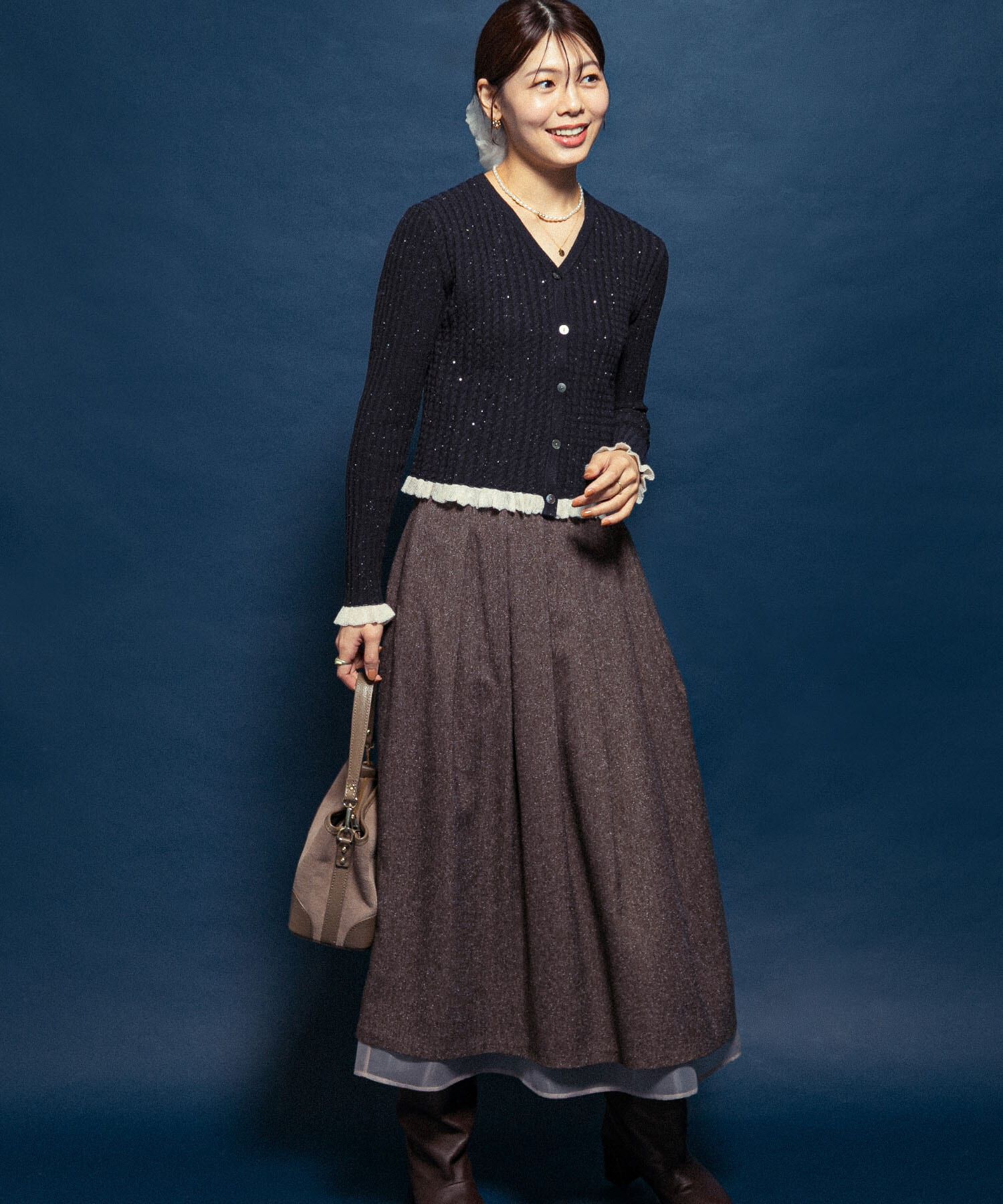 URBAN RESEARCH ROSSO「F by ROSSO　スパンコールフリルリブカーディガン」|カーディガン|