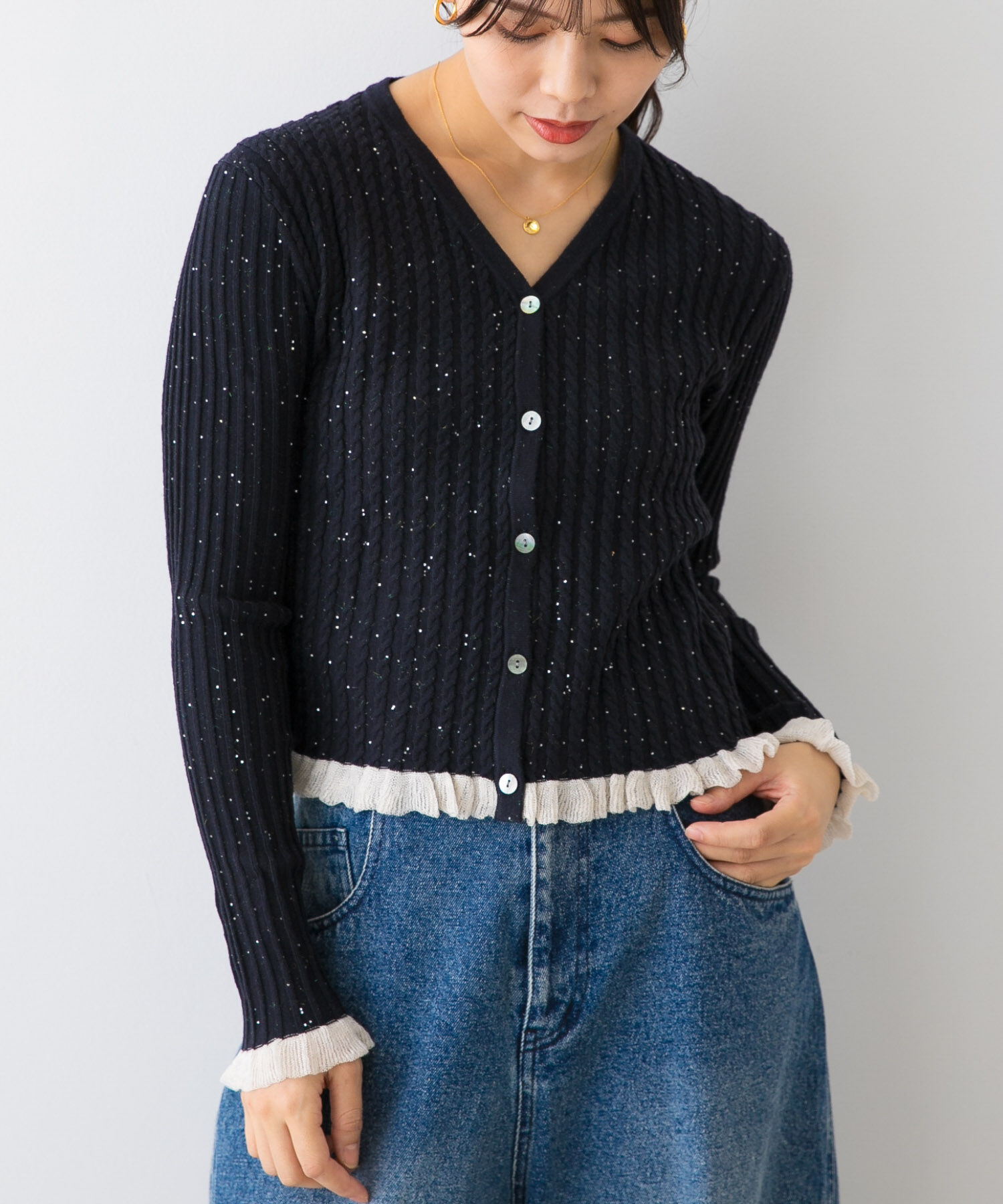 URBAN RESEARCH ROSSO「F by ROSSO　スパンコールフリルリブカーディガン」|カーディガン|