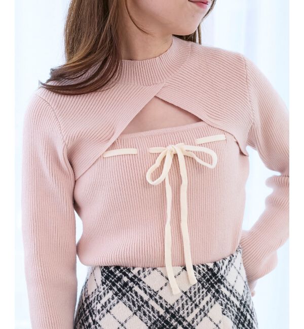  「デコルテオープンリボンニット」|ニット・セーター|ピンク